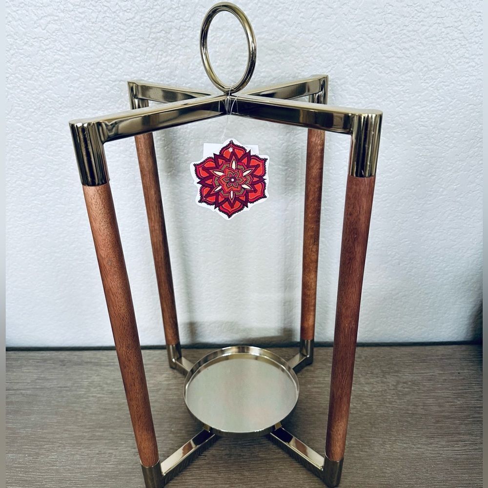 Modern Boho Wood Gold Metal Candle Holder Lantern Frame Hanging Decor